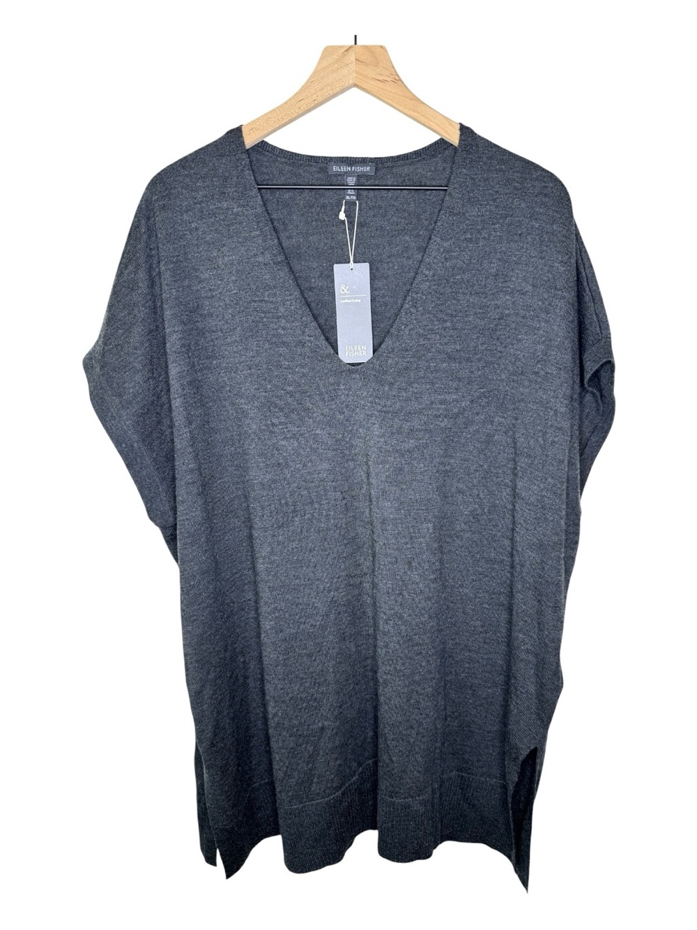 Eileen Fisher Gray Merino Wool V-Neck Knit Tunic